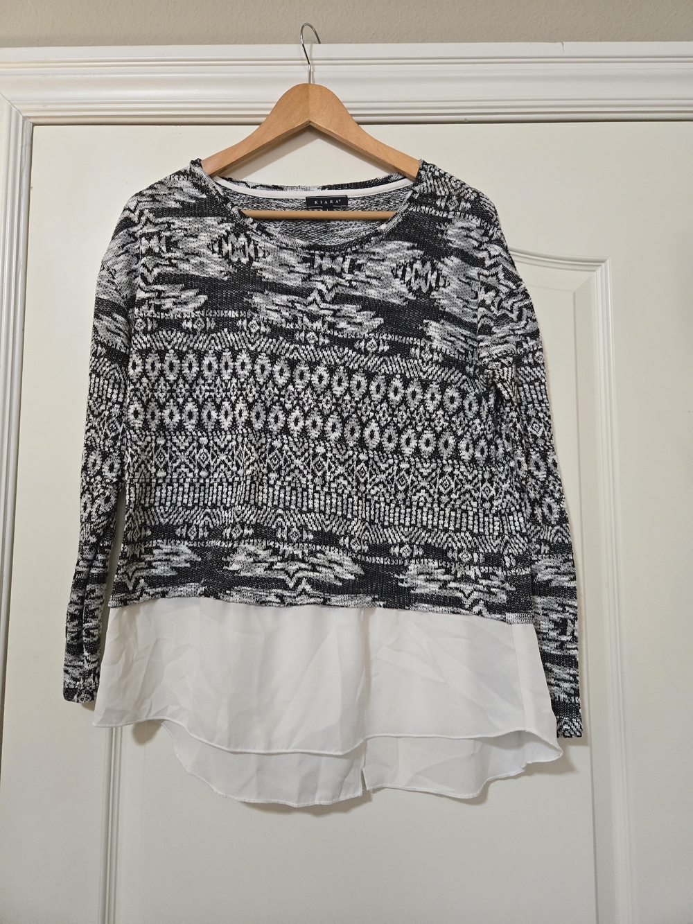 Kiara Black & White Patterned Layered Knit Top with Chiffon Hem